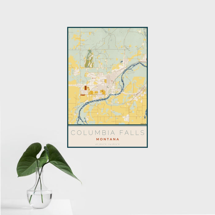 16x24 Columbia Falls Montana Map Print Portrait Orientation in Woodblock Style With Tropical Plant Leaves in Water