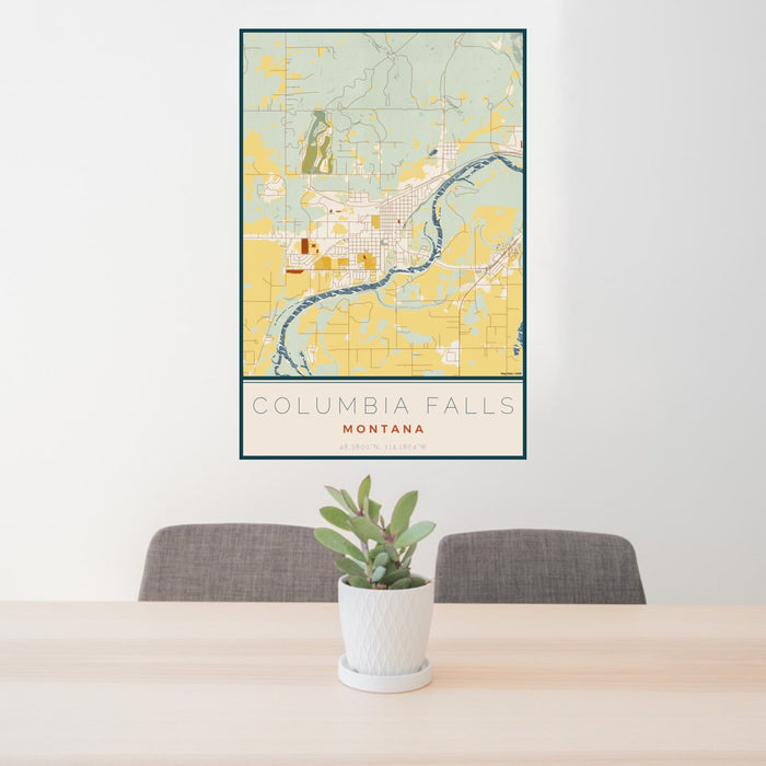 24x36 Columbia Falls Montana Map Print Portrait Orientation in Woodblock Style Behind 2 Chairs Table and Potted Plant