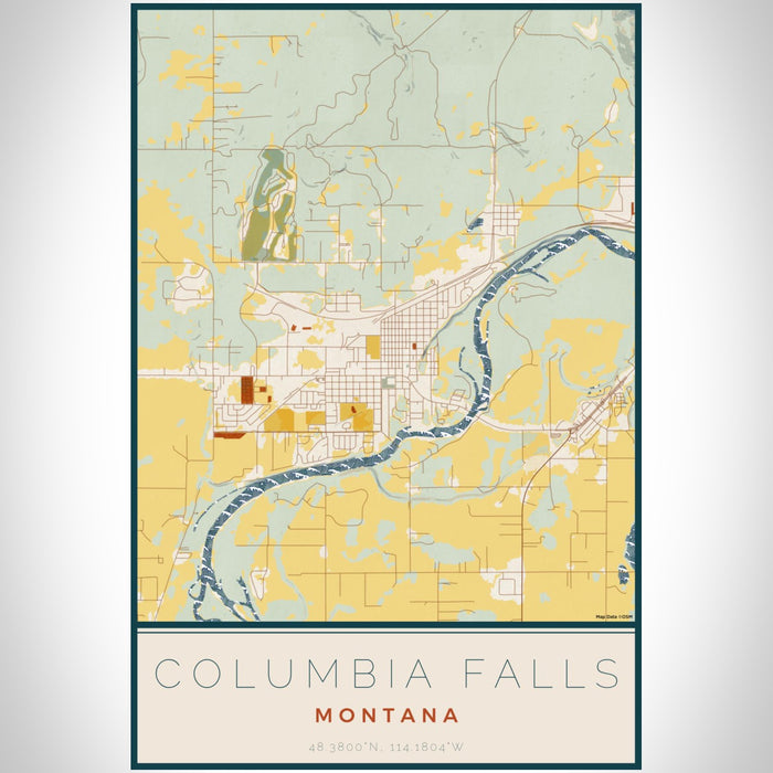 Columbia Falls Montana Map Print Portrait Orientation in Woodblock Style With Shaded Background