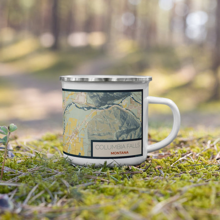 Right View Custom Columbia Falls Montana Map Enamel Mug in Woodblock on Grass With Trees in Background