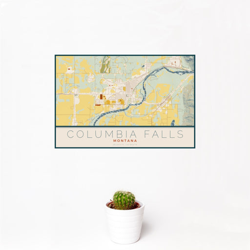 12x18 Columbia Falls Montana Map Print Landscape Orientation in Woodblock Style With Small Cactus Plant in White Planter