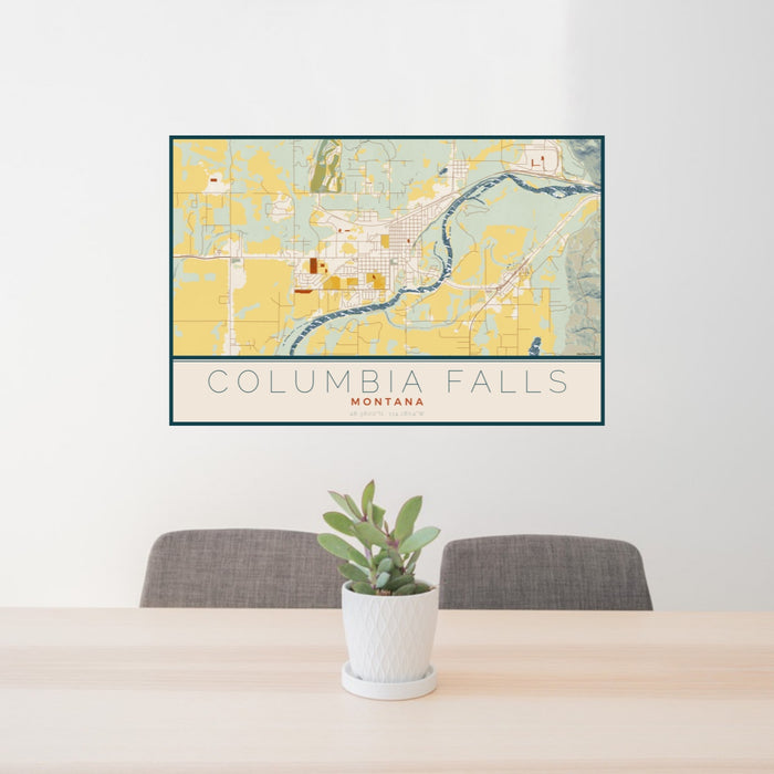 24x36 Columbia Falls Montana Map Print Landscape Orientation in Woodblock Style Behind 2 Chairs Table and Potted Plant