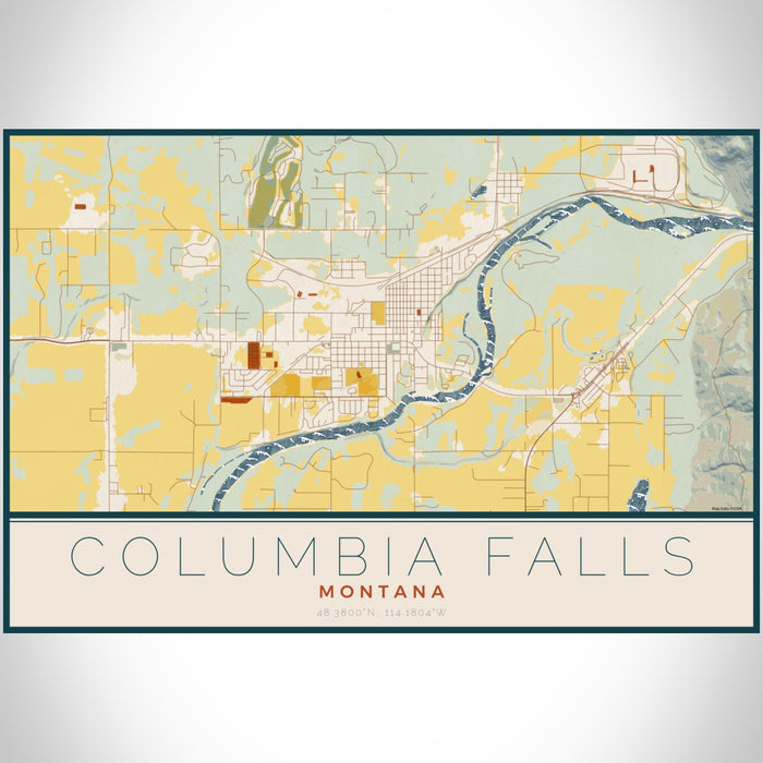 Columbia Falls Montana Map Print Landscape Orientation in Woodblock Style With Shaded Background