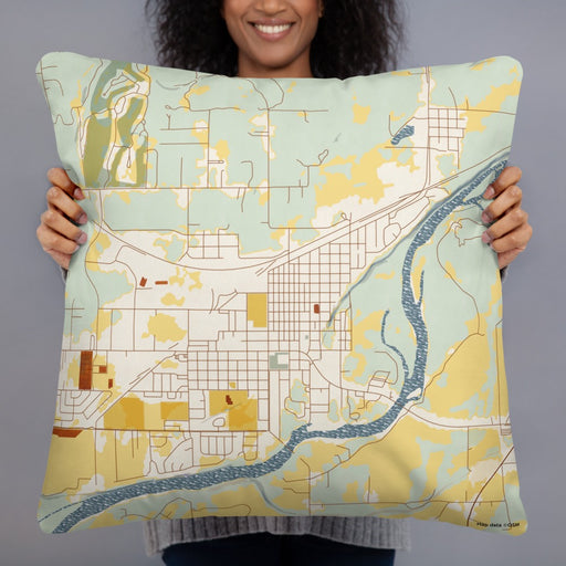Person holding 22x22 Custom Columbia Falls Montana Map Throw Pillow in Woodblock