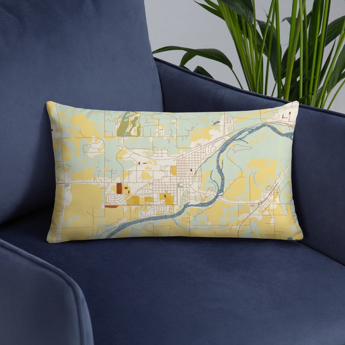 Custom Columbia Falls Montana Map Throw Pillow in Woodblock on Blue Colored Chair