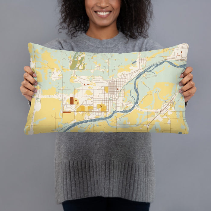 Person holding 20x12 Custom Columbia Falls Montana Map Throw Pillow in Woodblock