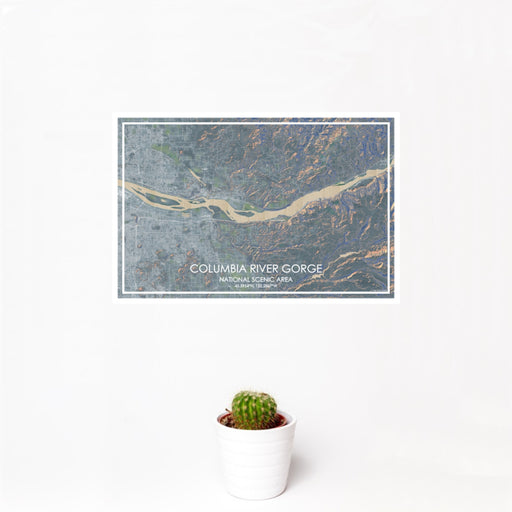 12x18 Columbia River Gorge National Scenic Area Map Print Landscape Orientation in Afternoon Style With Small Cactus Plant in White Planter