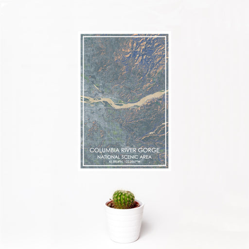12x18 Columbia River Gorge National Scenic Area Map Print Portrait Orientation in Afternoon Style With Small Cactus Plant in White Planter