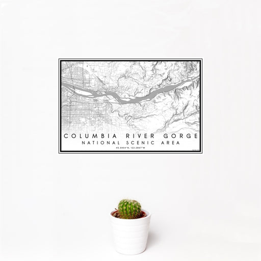 12x18 Columbia River Gorge National Scenic Area Map Print Landscape Orientation in Classic Style With Small Cactus Plant in White Planter