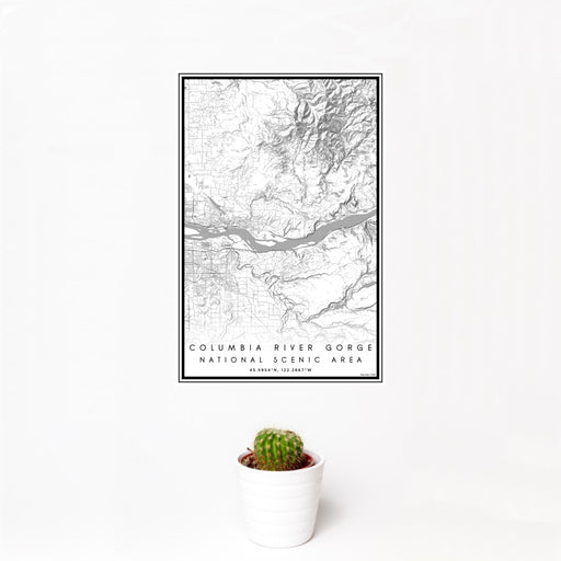 12x18 Columbia River Gorge National Scenic Area Map Print Portrait Orientation in Classic Style With Small Cactus Plant in White Planter