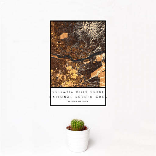 12x18 Columbia River Gorge National Scenic Area Map Print Portrait Orientation in Ember Style With Small Cactus Plant in White Planter