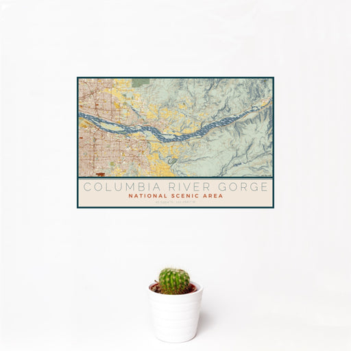 12x18 Columbia River Gorge National Scenic Area Map Print Landscape Orientation in Woodblock Style With Small Cactus Plant in White Planter