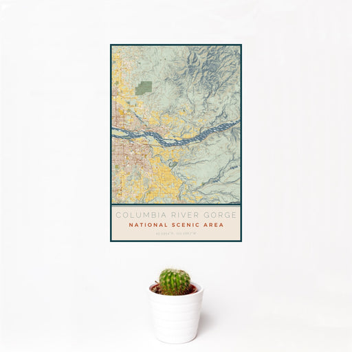 12x18 Columbia River Gorge National Scenic Area Map Print Portrait Orientation in Woodblock Style With Small Cactus Plant in White Planter