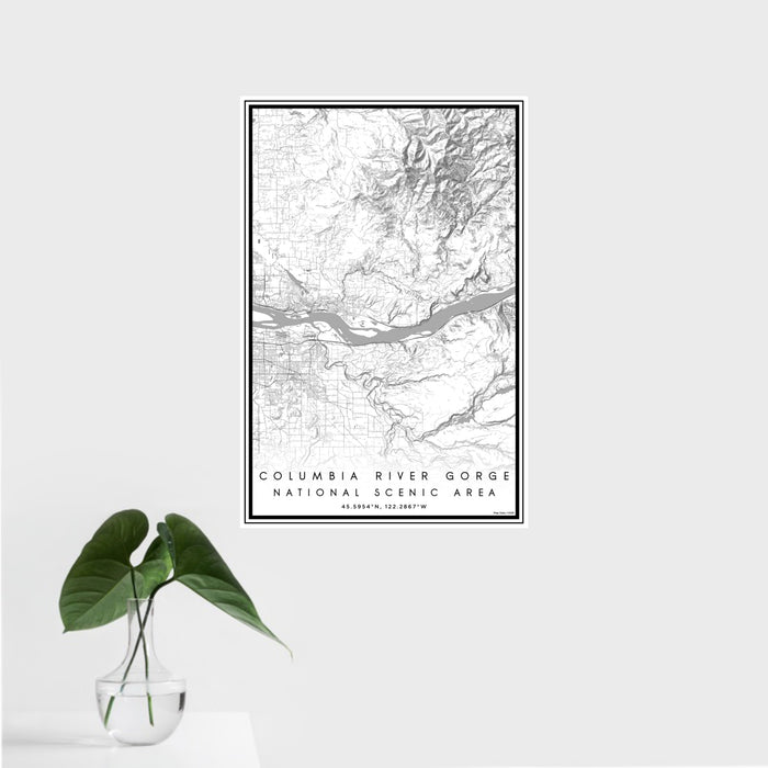 16x24 Columbia River Gorge National Scenic Area Map Print Portrait Orientation in Classic Style With Tropical Plant Leaves in Water