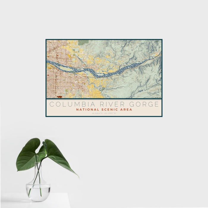 16x24 Columbia River Gorge National Scenic Area Map Print Landscape Orientation in Woodblock Style With Tropical Plant Leaves in Water