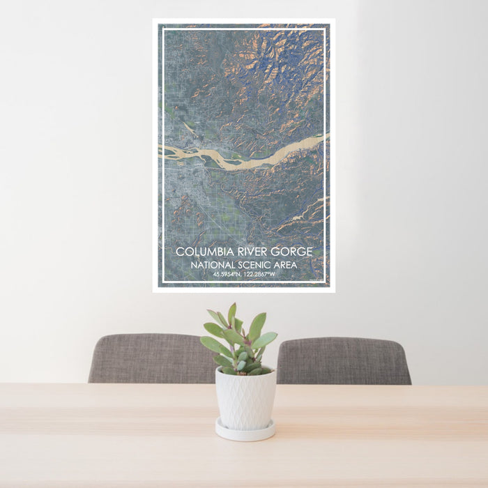 24x36 Columbia River Gorge National Scenic Area Map Print Portrait Orientation in Afternoon Style Behind 2 Chairs Table and Potted Plant