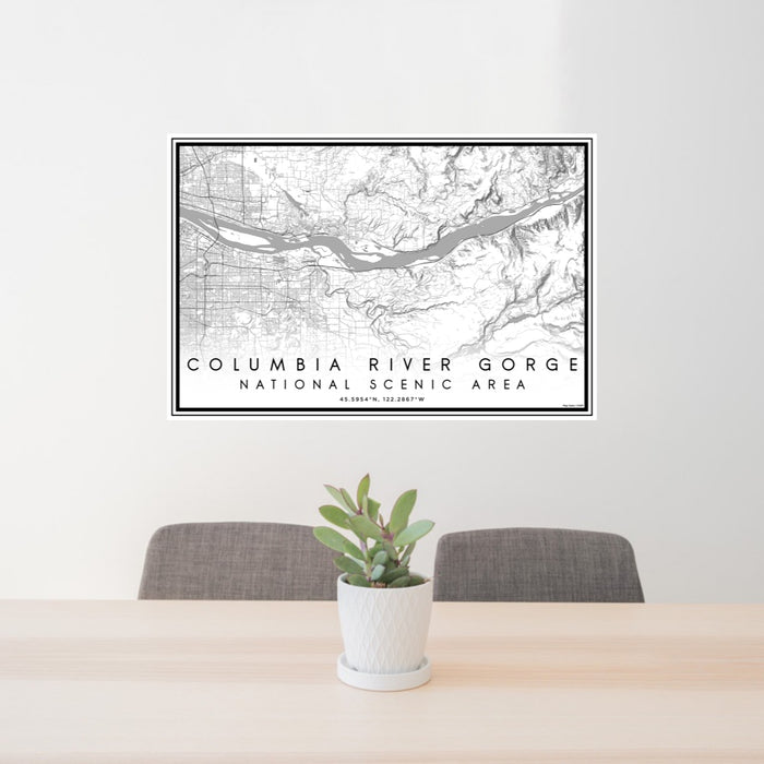24x36 Columbia River Gorge National Scenic Area Map Print Lanscape Orientation in Classic Style Behind 2 Chairs Table and Potted Plant