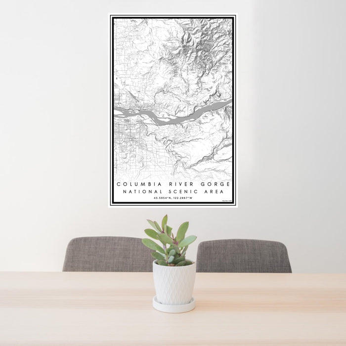 24x36 Columbia River Gorge National Scenic Area Map Print Portrait Orientation in Classic Style Behind 2 Chairs Table and Potted Plant