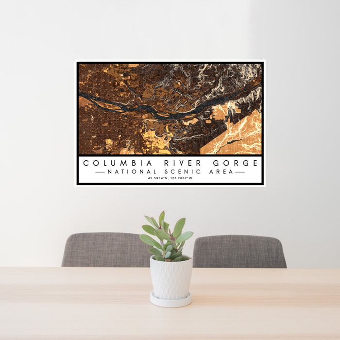 24x36 Columbia River Gorge National Scenic Area Map Print Lanscape Orientation in Ember Style Behind 2 Chairs Table and Potted Plant