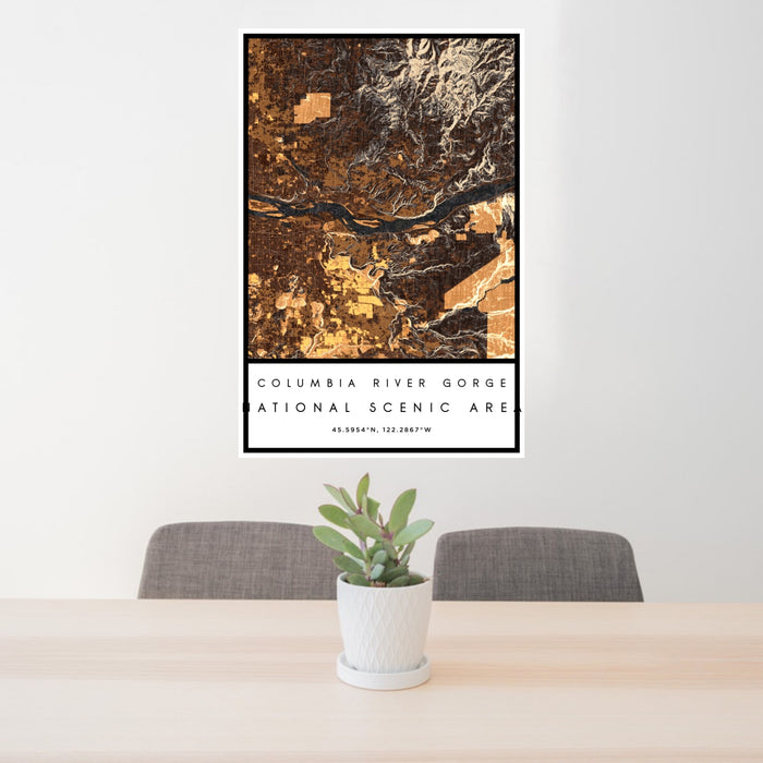 24x36 Columbia River Gorge National Scenic Area Map Print Portrait Orientation in Ember Style Behind 2 Chairs Table and Potted Plant
