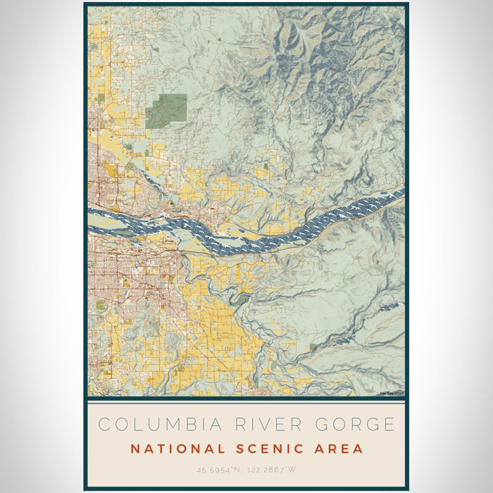 Columbia River Gorge National Scenic Area Map Print Portrait Orientation in Woodblock Style With Shaded Background