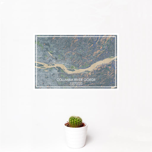 12x18 Columbia River Gorge Washington Map Print Landscape Orientation in Afternoon Style With Small Cactus Plant in White Planter