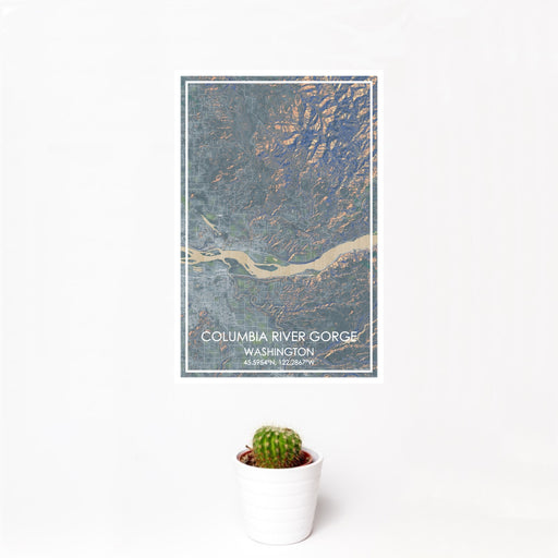 12x18 Columbia River Gorge Washington Map Print Portrait Orientation in Afternoon Style With Small Cactus Plant in White Planter