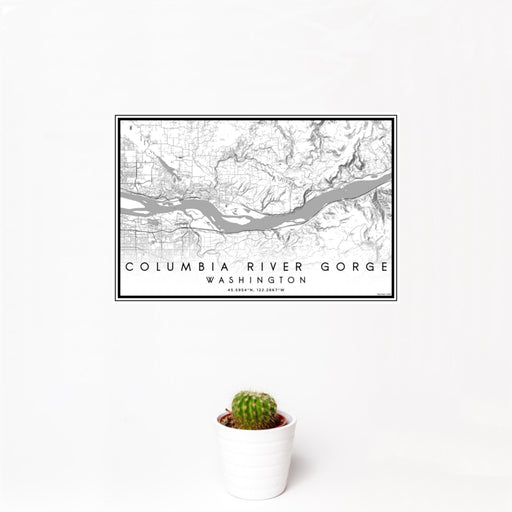 12x18 Columbia River Gorge Washington Map Print Landscape Orientation in Classic Style With Small Cactus Plant in White Planter