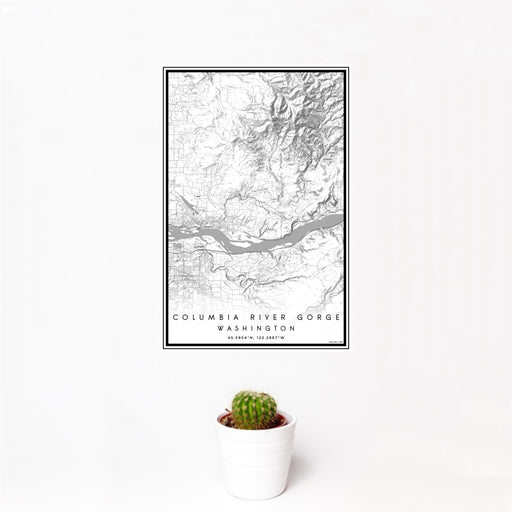 12x18 Columbia River Gorge Washington Map Print Portrait Orientation in Classic Style With Small Cactus Plant in White Planter