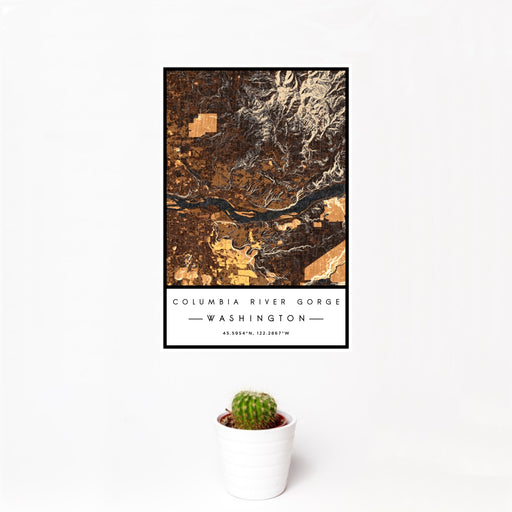 12x18 Columbia River Gorge Washington Map Print Portrait Orientation in Ember Style With Small Cactus Plant in White Planter