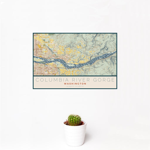 12x18 Columbia River Gorge Washington Map Print Landscape Orientation in Woodblock Style With Small Cactus Plant in White Planter