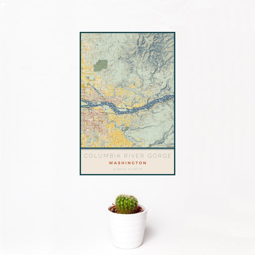 12x18 Columbia River Gorge Washington Map Print Portrait Orientation in Woodblock Style With Small Cactus Plant in White Planter