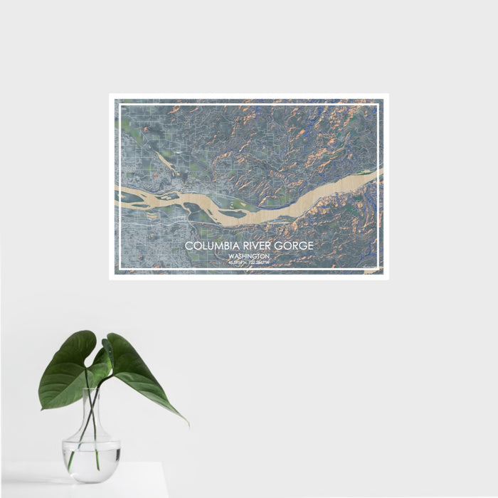16x24 Columbia River Gorge Washington Map Print Landscape Orientation in Afternoon Style With Tropical Plant Leaves in Water