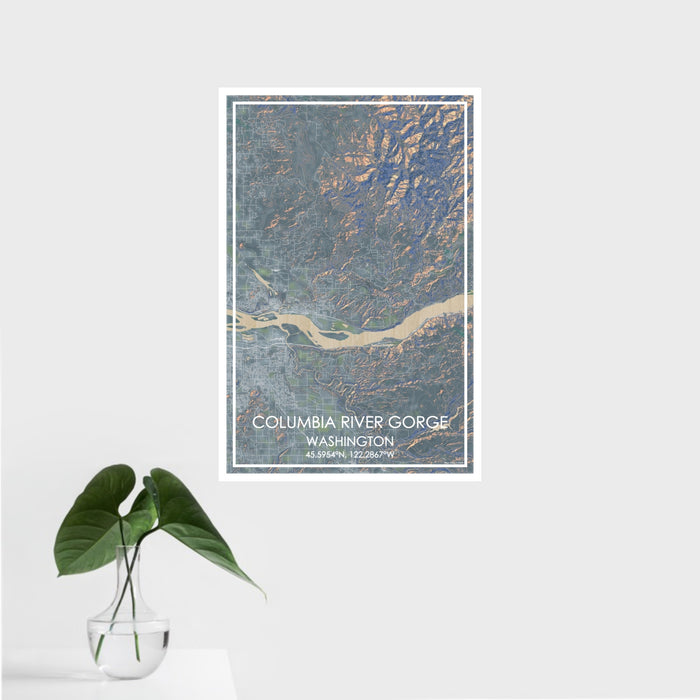 16x24 Columbia River Gorge Washington Map Print Portrait Orientation in Afternoon Style With Tropical Plant Leaves in Water
