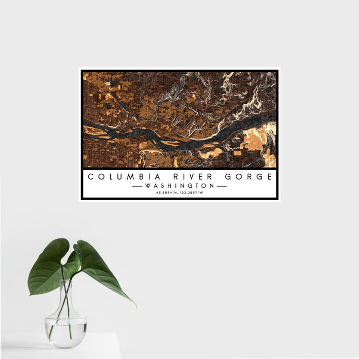 16x24 Columbia River Gorge Washington Map Print Landscape Orientation in Ember Style With Tropical Plant Leaves in Water