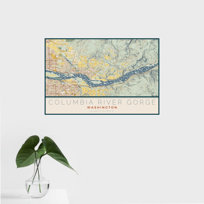 16x24 Columbia River Gorge Washington Map Print Landscape Orientation in Woodblock Style With Tropical Plant Leaves in Water