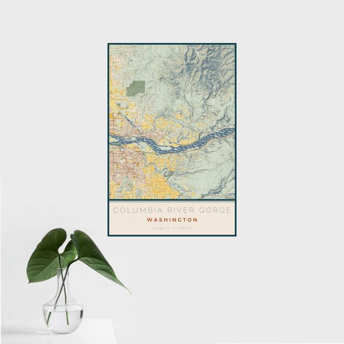 16x24 Columbia River Gorge Washington Map Print Portrait Orientation in Woodblock Style With Tropical Plant Leaves in Water
