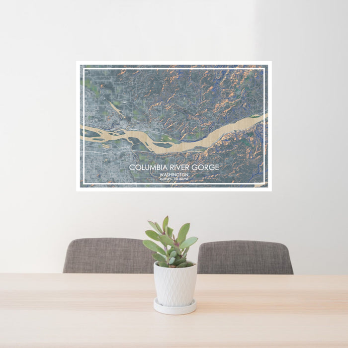 24x36 Columbia River Gorge Washington Map Print Lanscape Orientation in Afternoon Style Behind 2 Chairs Table and Potted Plant