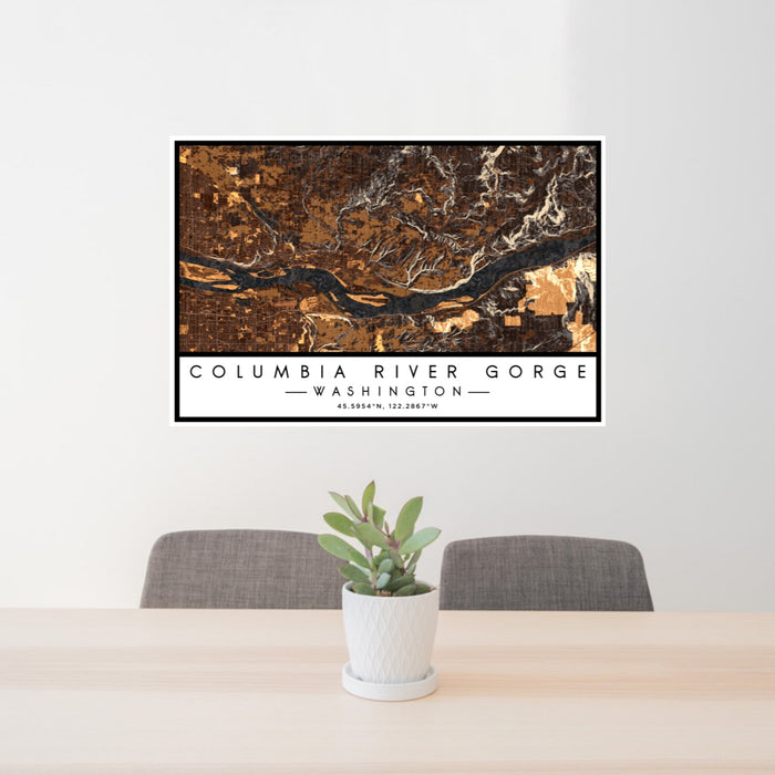 24x36 Columbia River Gorge Washington Map Print Lanscape Orientation in Ember Style Behind 2 Chairs Table and Potted Plant