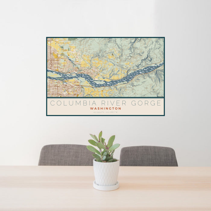 24x36 Columbia River Gorge Washington Map Print Lanscape Orientation in Woodblock Style Behind 2 Chairs Table and Potted Plant