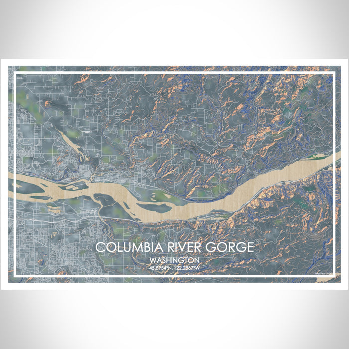 Columbia River Gorge Washington Map Print Landscape Orientation in Afternoon Style With Shaded Background