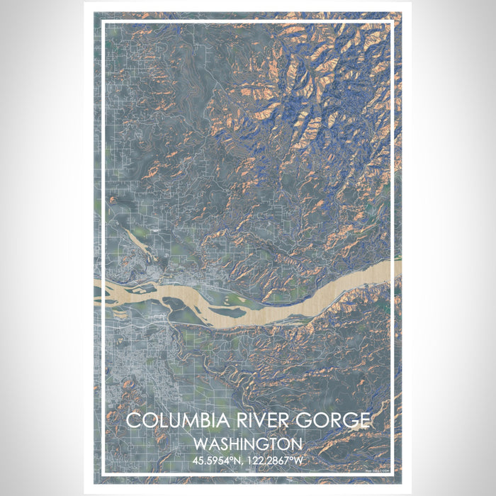 Columbia River Gorge Washington Map Print Portrait Orientation in Afternoon Style With Shaded Background