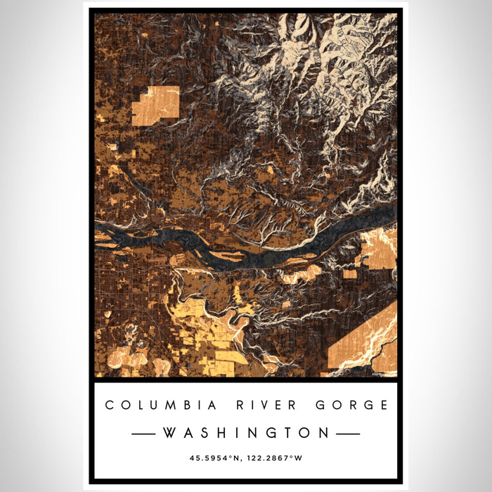 Columbia River Gorge Washington Map Print Portrait Orientation in Ember Style With Shaded Background