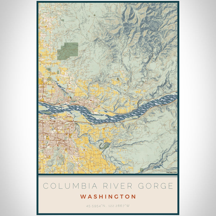 Columbia River Gorge Washington Map Print Portrait Orientation in Woodblock Style With Shaded Background
