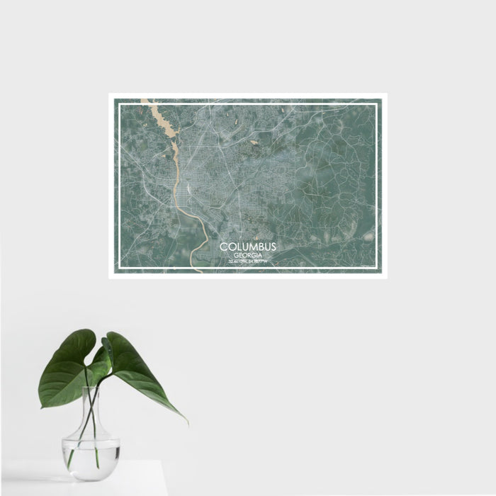 16x24 Columbus Georgia Map Print Landscape Orientation in Afternoon Style With Tropical Plant Leaves in Water