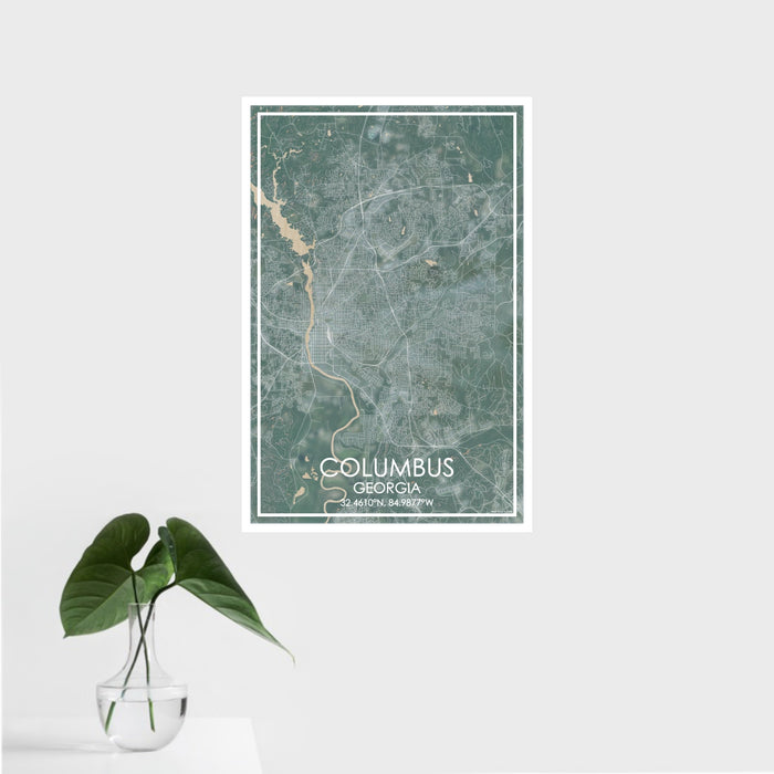 16x24 Columbus Georgia Map Print Portrait Orientation in Afternoon Style With Tropical Plant Leaves in Water