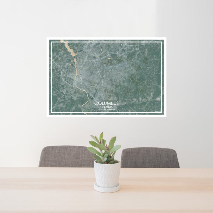 24x36 Columbus Georgia Map Print Lanscape Orientation in Afternoon Style Behind 2 Chairs Table and Potted Plant