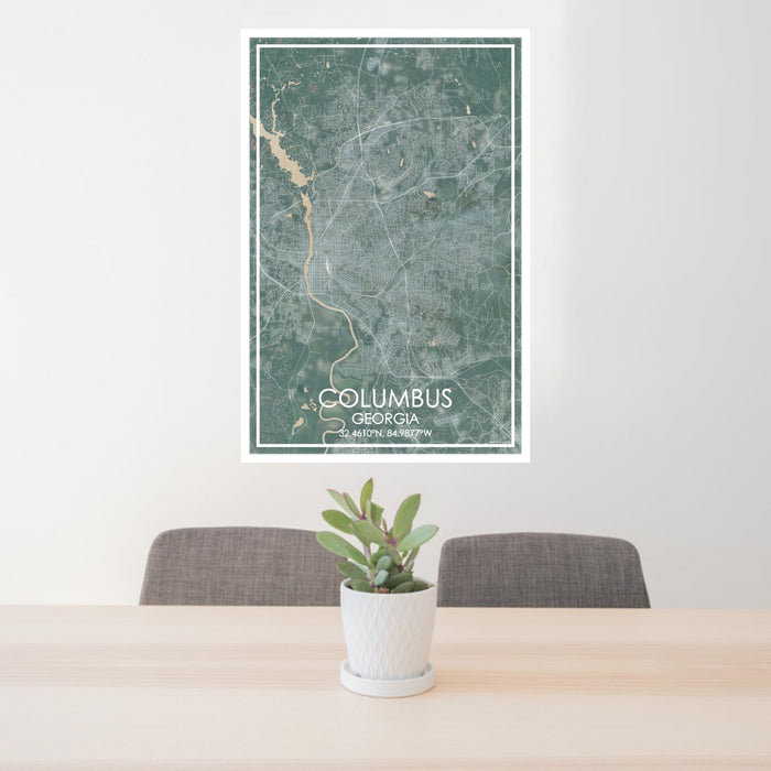 24x36 Columbus Georgia Map Print Portrait Orientation in Afternoon Style Behind 2 Chairs Table and Potted Plant