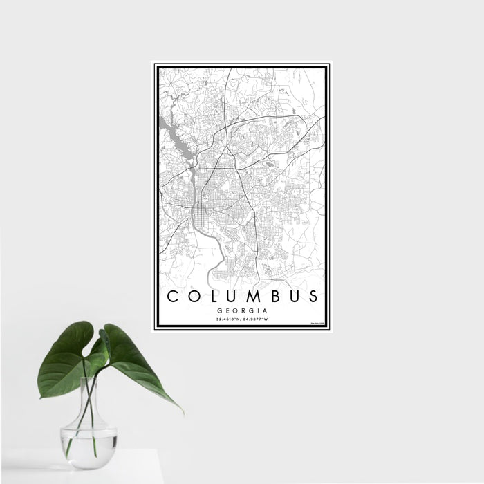 16x24 Columbus Georgia Map Print Portrait Orientation in Classic Style With Tropical Plant Leaves in Water