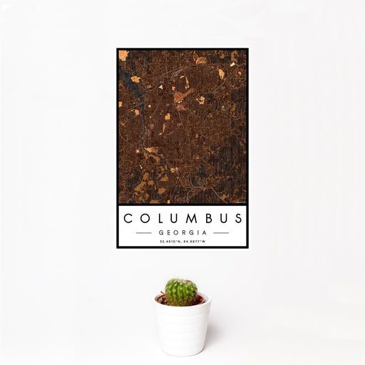12x18 Columbus Georgia Map Print Portrait Orientation in Ember Style With Small Cactus Plant in White Planter